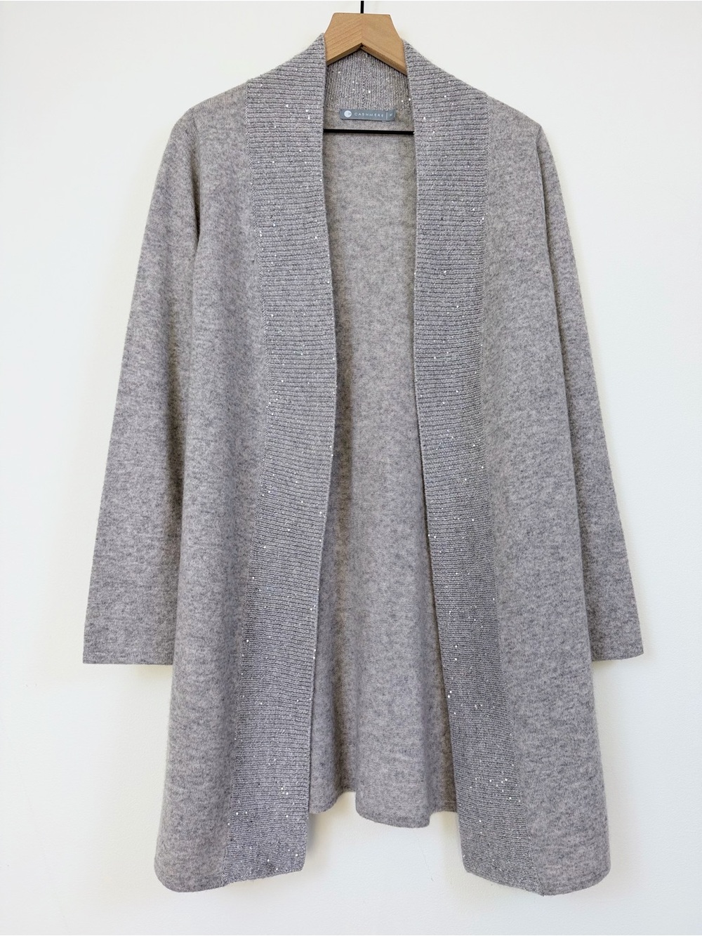 In Cashmere Gray Long Open Cardigan Sequin Shawl Collar
